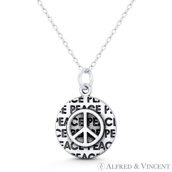 Peace Sign & Engraved Block Script Hippie Charm in Oxidized .925 Sterling Silver - Picture 1 of 1